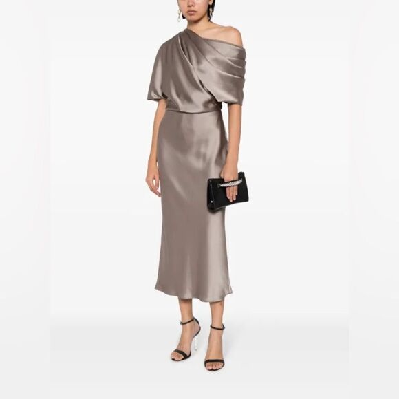 Amsale NWT Draped Pencil Midi Dress in Mocha Size 4 - Picture 2 of 10